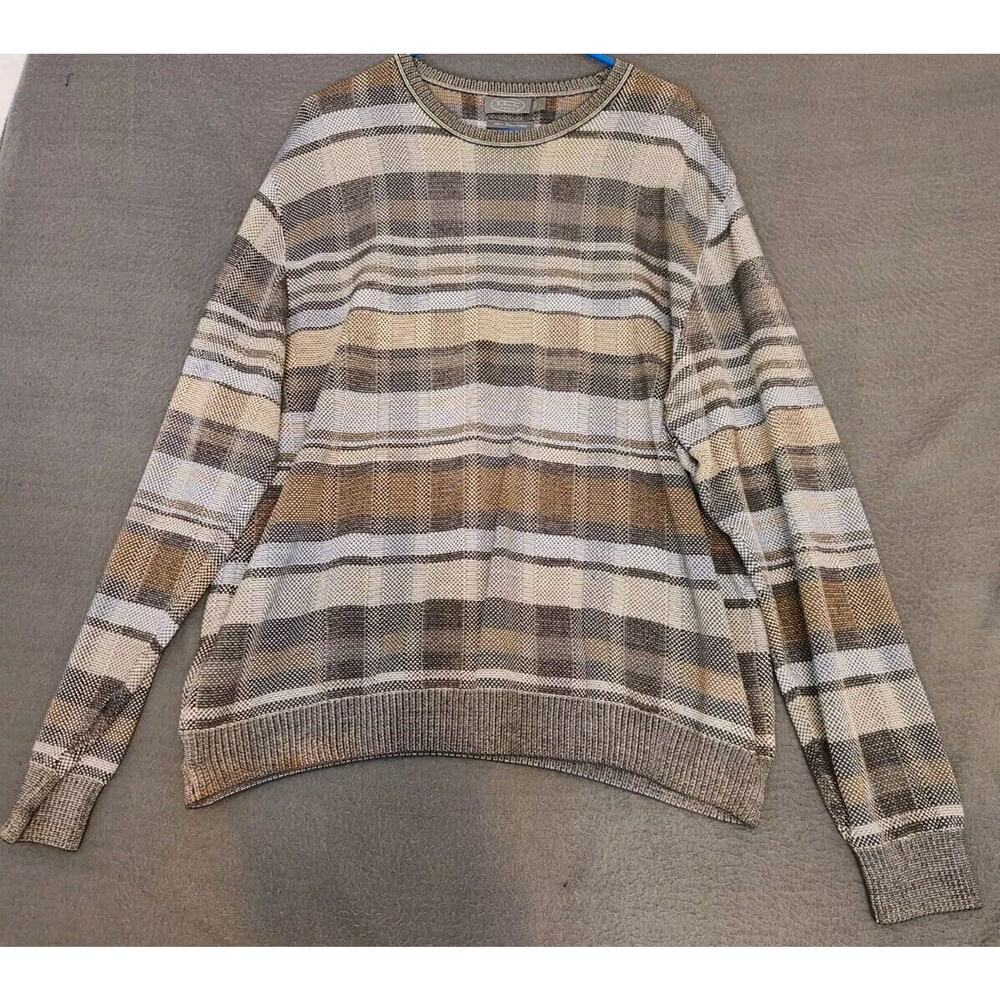 Talbots Men’s Sweater Size L 100% Pima Cotton Plaid Blue Tan Gray‎ And White